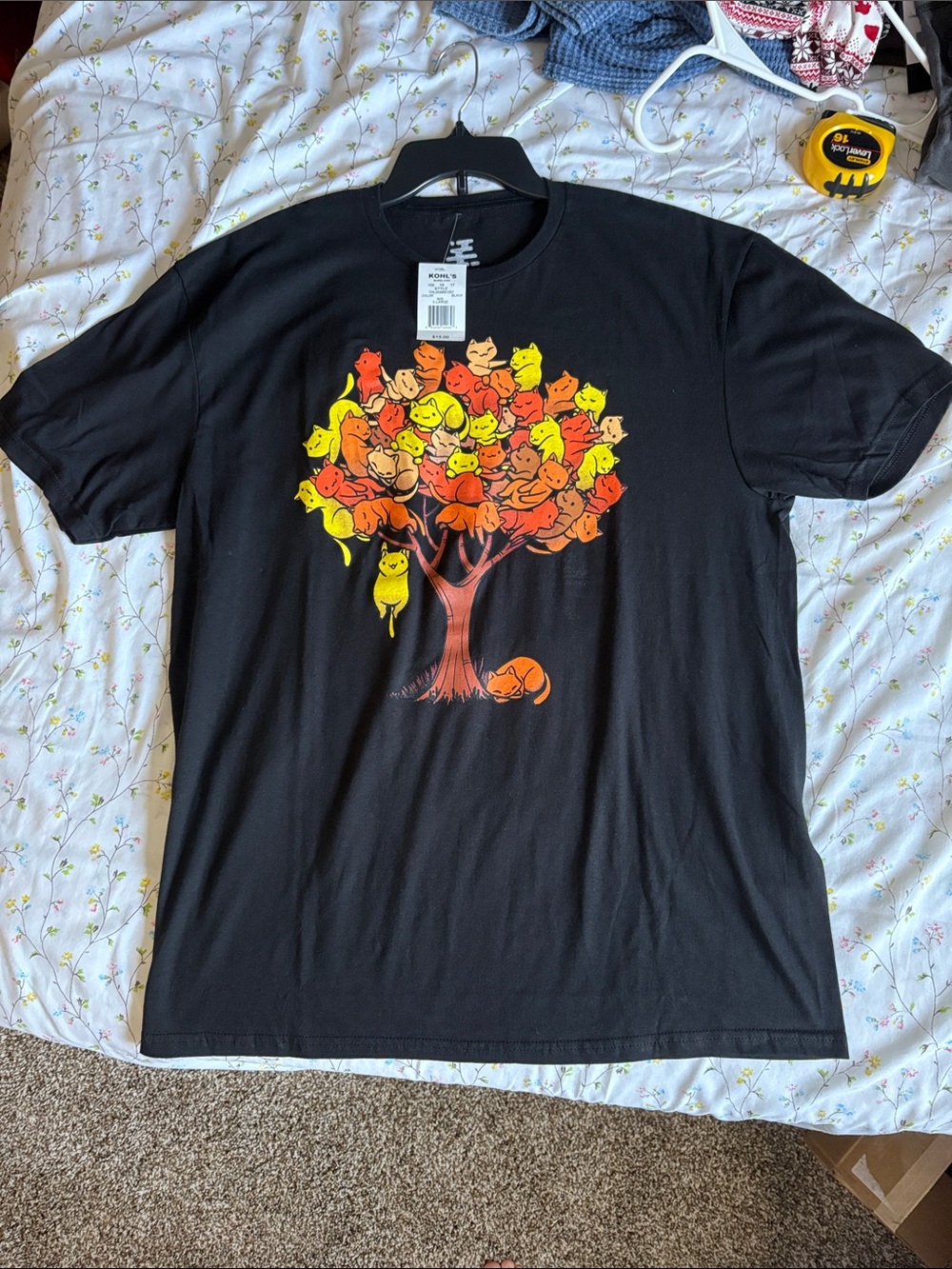 Black Graphic Tee with Colorful Cat Tree NWT